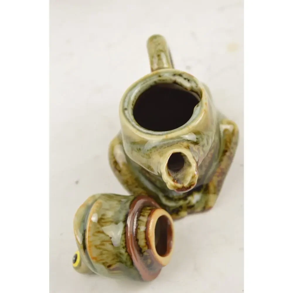 Frog Ceramic Tea Condiment Set x4 Lidded Bowl Sugar Creamer Green Glazed Pottery